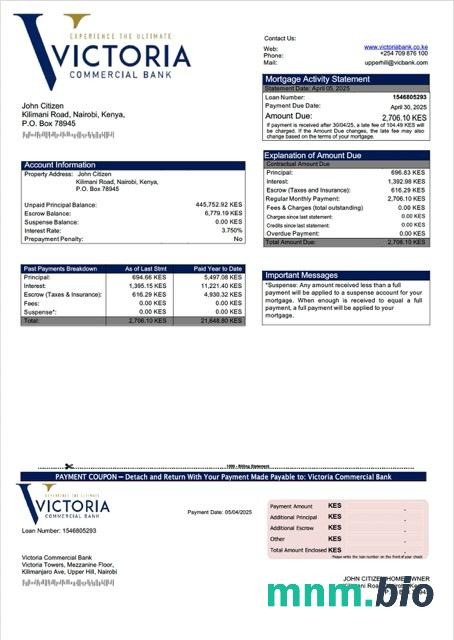 Kenia Bank Victoria Handlowy wyciąg z kredytu hipotecznego szablon Word i PDF